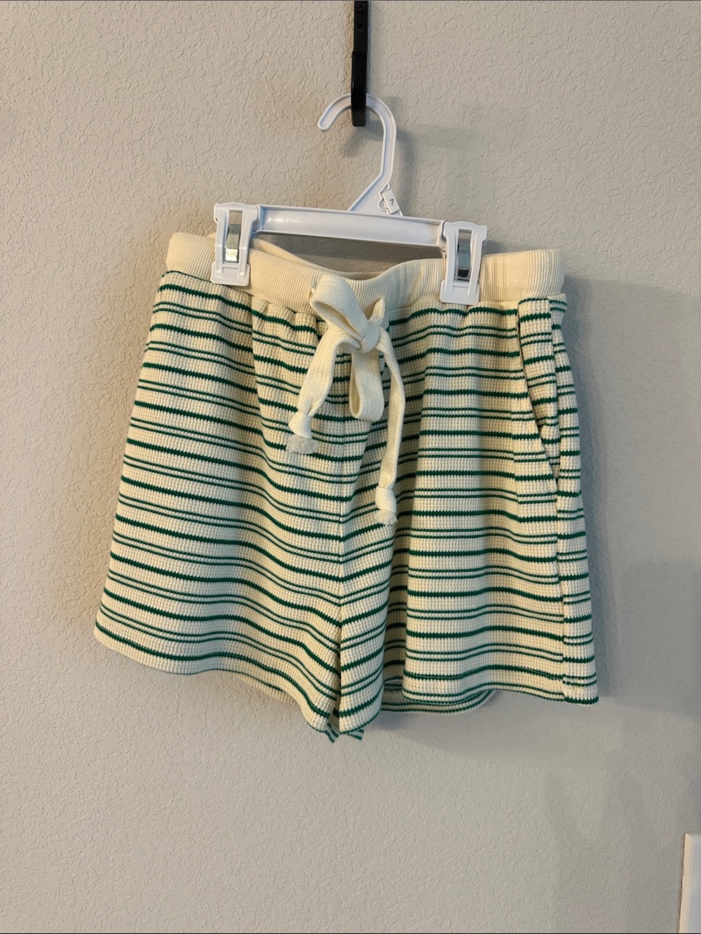 Papermoon Cream & Green Striped Knit Drawstring Shorts